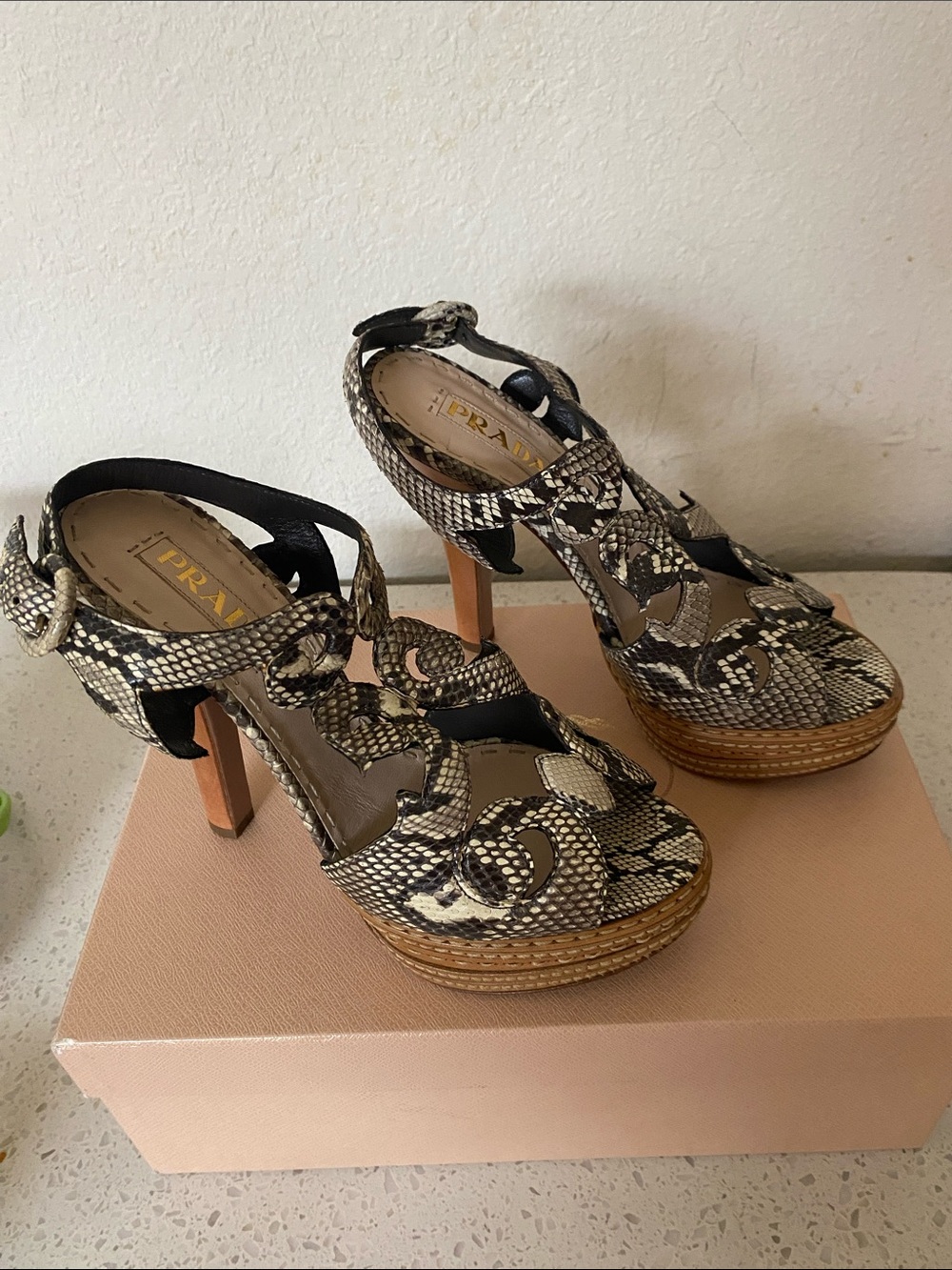 Prada Black and Cream Snakeskin-Effect Platform Heels - Picture 10 of 16
